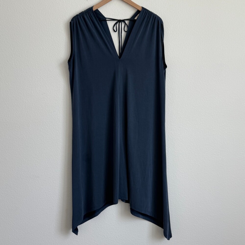 Mystree V-Neck Sleeveless Modal Blue Dress Tassle Tie Back Boho Asymmetrical L
